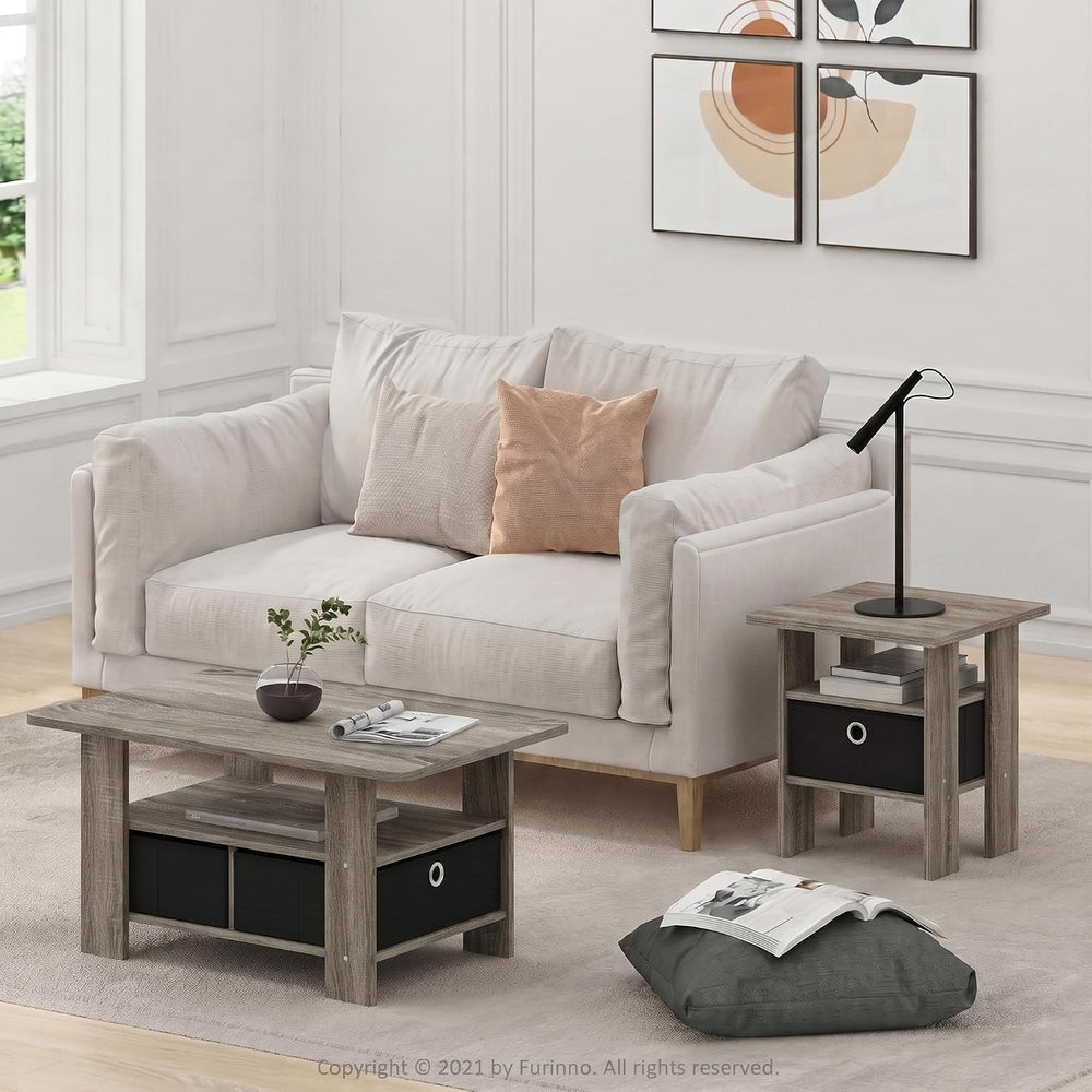 Furinno Andrey Coffee Table with Bin Drawer, French Oak Grey/Black