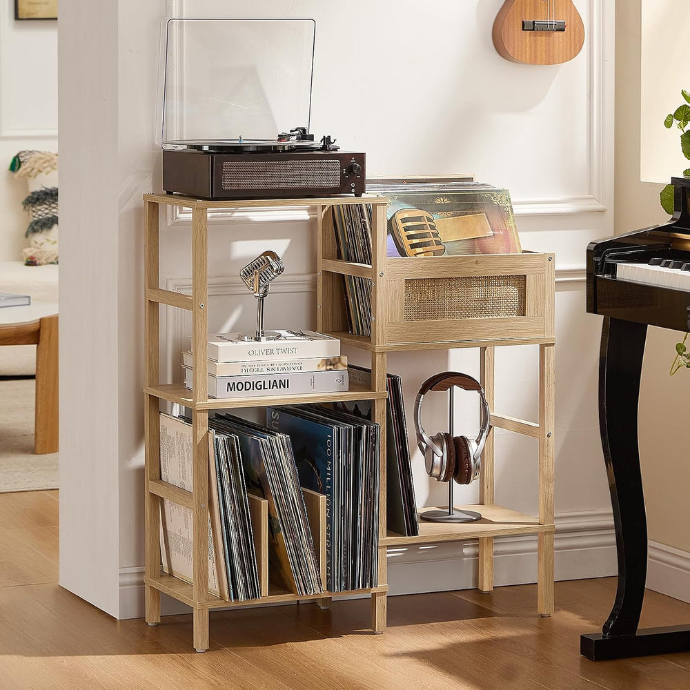 LELELINKY Record Player Stand, Natural Oak Wood Record Holder with Vinyl Stor...