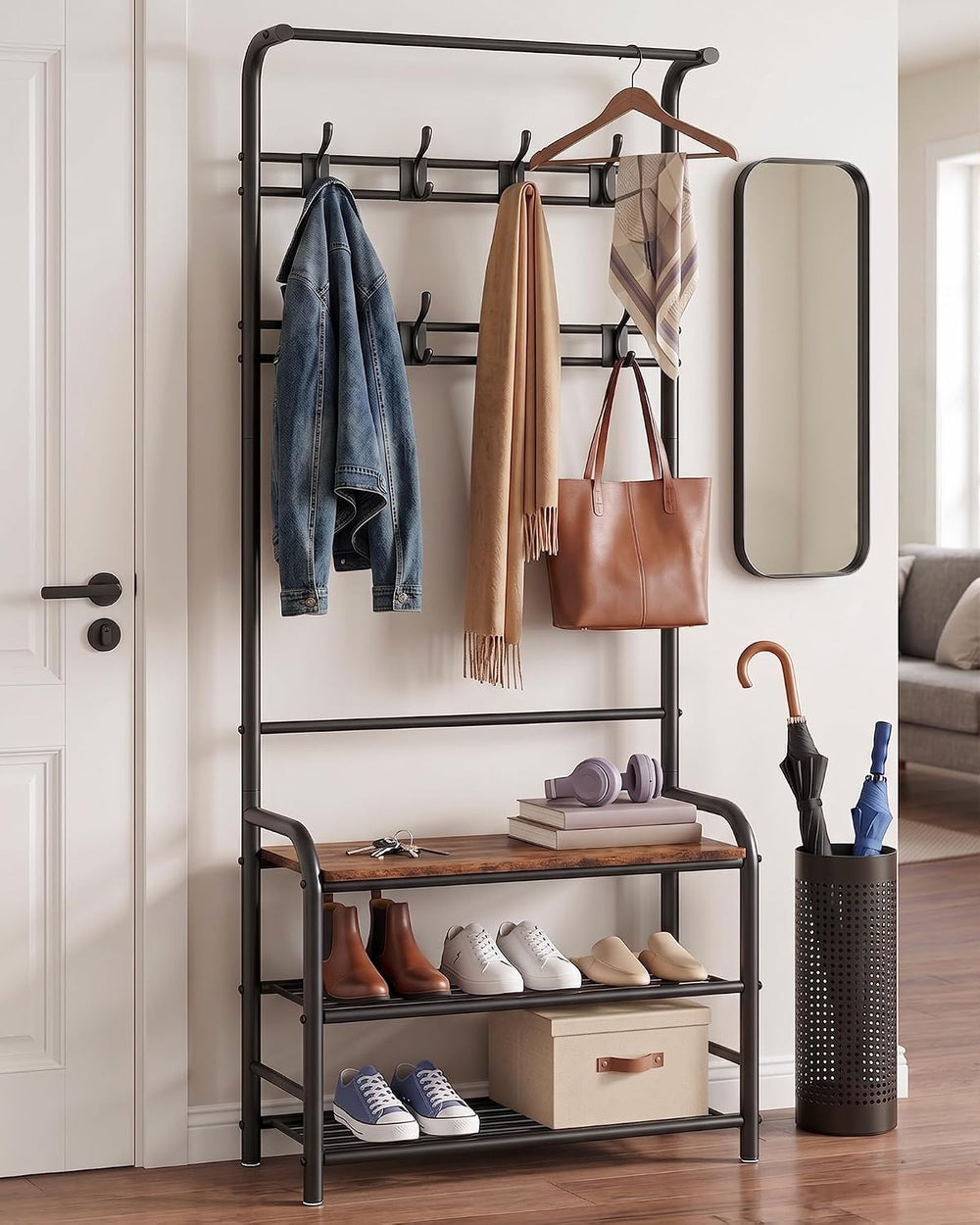 Hall Tree with Shoe Bench, 4-in-1 Entryway Coat Rack
