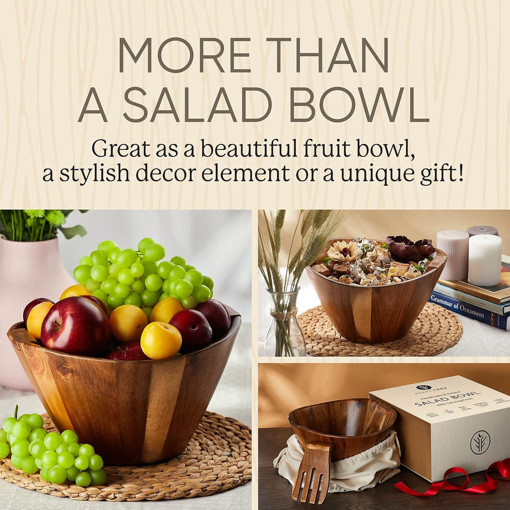 Night Tree Large Wooden Salad Bowl with Serving Utensils, 11.5 Inch Set