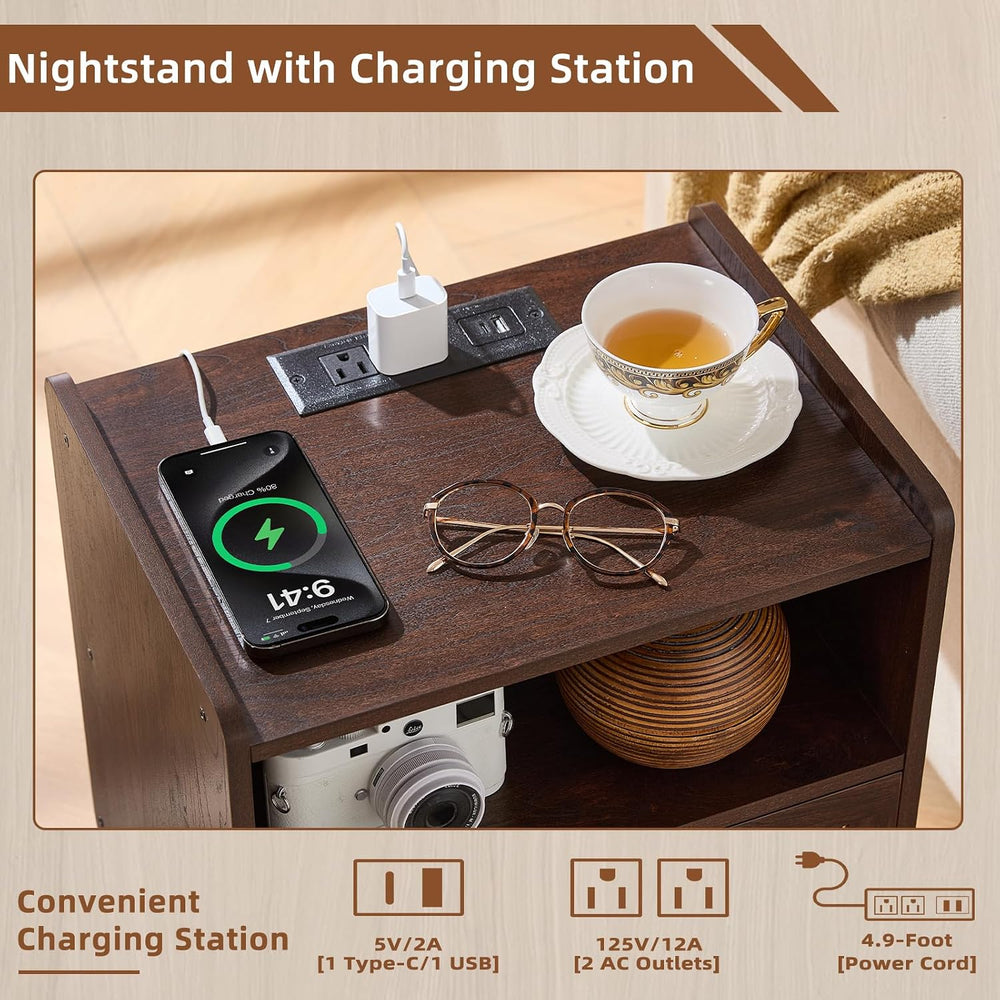 Lerliuo Rattan Nightstand with Charging Station, Side Table with Drawer