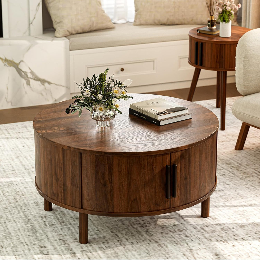 ZttRiee Round Coffee Table with Sliding Doors, Mid-Century, Walnut