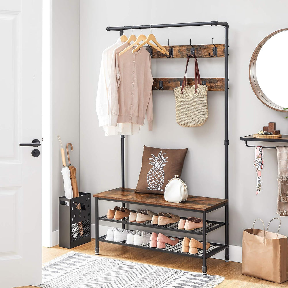 VASAGLE Coat Rack and Storage Bench, Hall Tree with 9 Hooks, Steel Frame
