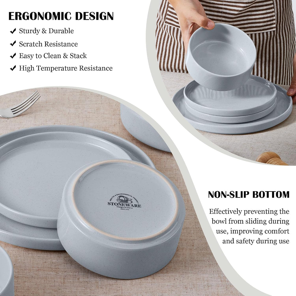 E-far Dinnerware Sets for 8, 24-Piece Stoneware Plates and Bowls Set, Gray