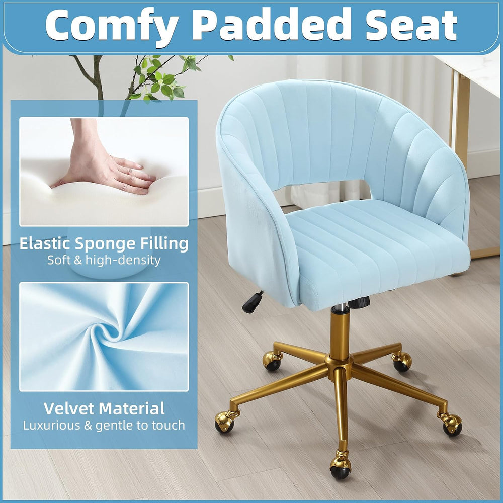ABET Desk Chair with Wheels, Gold Base, Velvet Accent Vanity Armchair, Blue