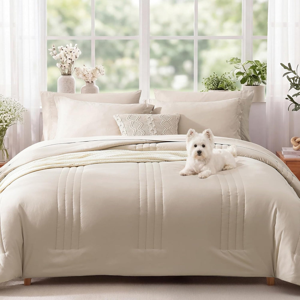 Full Size Comforter Sets-7 Pieces Beige Soft Bed in a Bag Full Bedding Sets