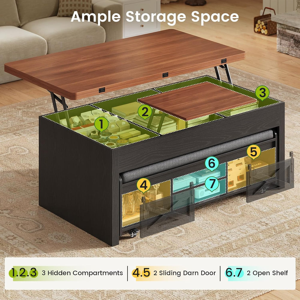 Itaar Lift Top Coffee Table with Storage Bench, Farmhouse Convertible Coffee ...