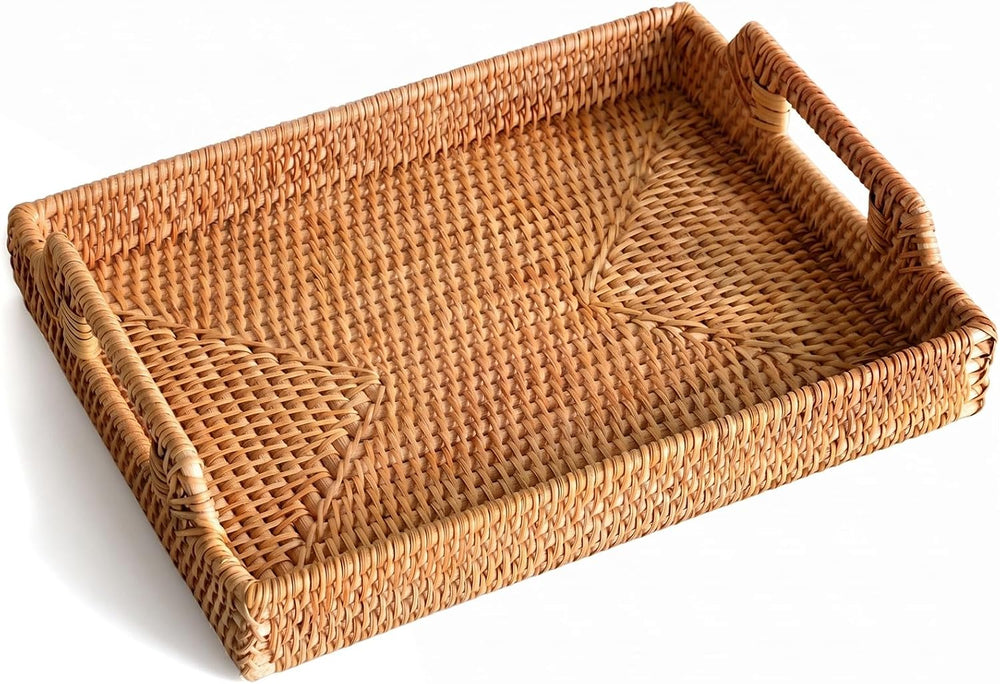 Rattan Serving Tray, Rectangle Woven Wicker Tray for Breakfast