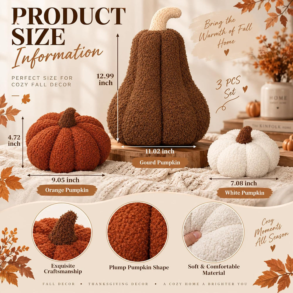 Beeveer 3 Pcs Fall Thanksgiving Pumpkin Pillows,Caramel & Cream