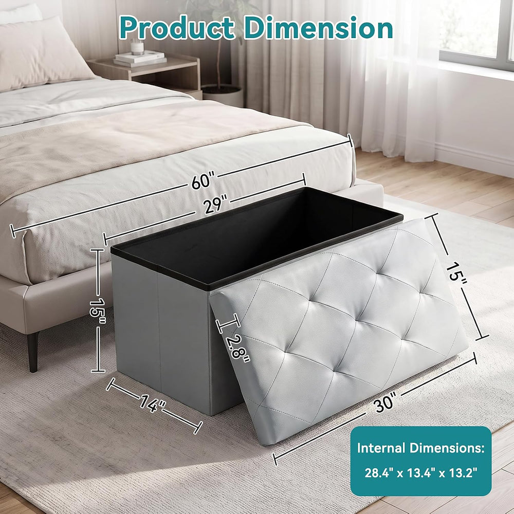 OLIXIS 30 Inch Foldable Storage Ottoman Bench, Leather Ottoman with Storage