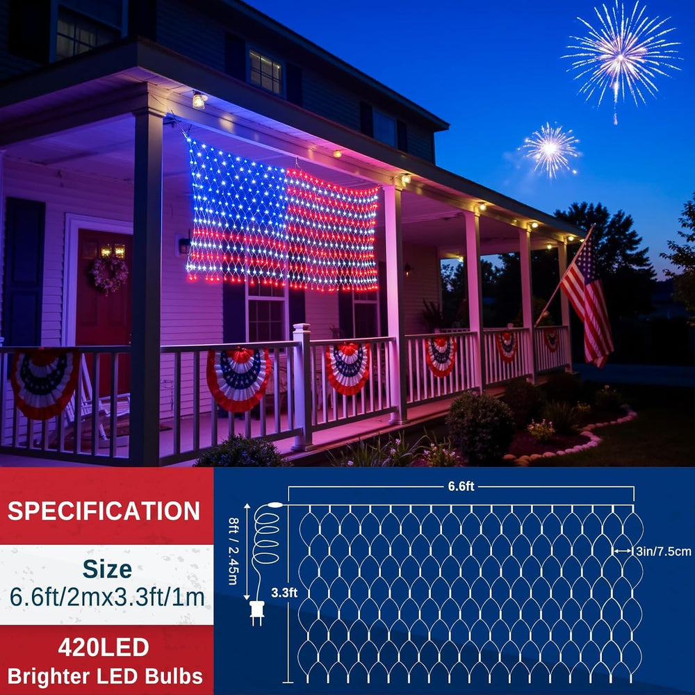 American Flag Lights Outdoor - 420 Super Bright Red White and Blue Lights, Wa...