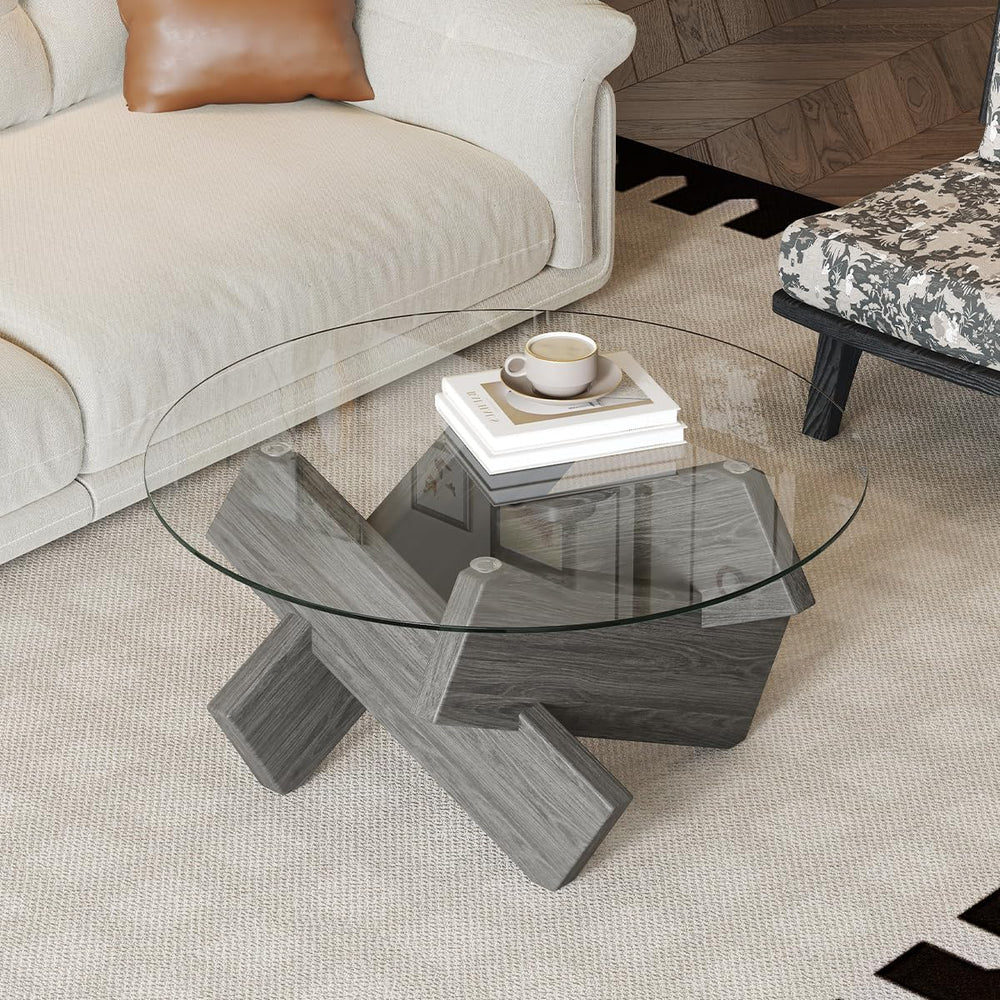 Gray Round Glass Coffee Table,33" Round Coffee Tables for Living Room Cl...