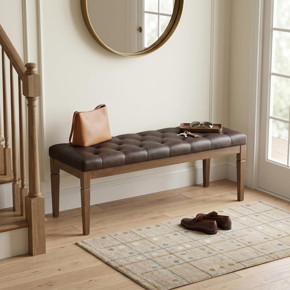 SIMPLIHOME Waverly 48" Wide Vegan Leather Rectangle Ottoman in Brown
