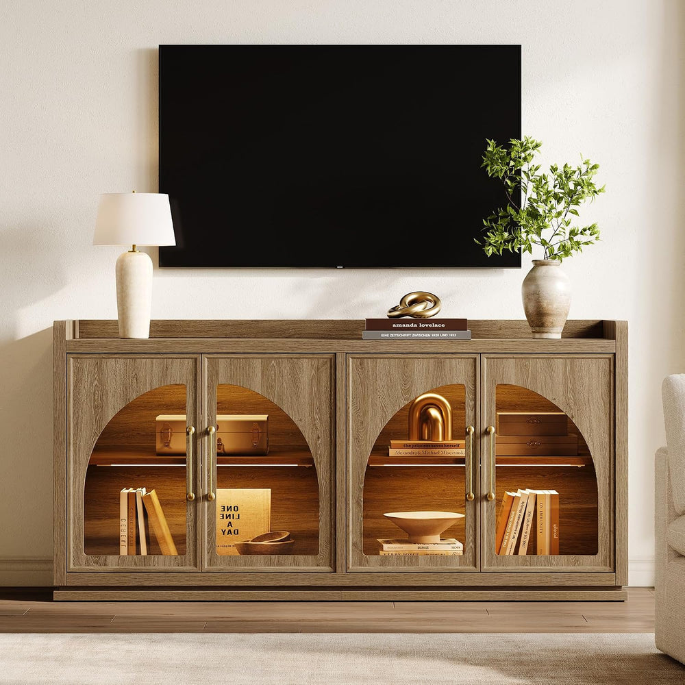 SICOTAS Sideboard Buffet Cabinet with Storage, LED Lights, Arch Glass Doors