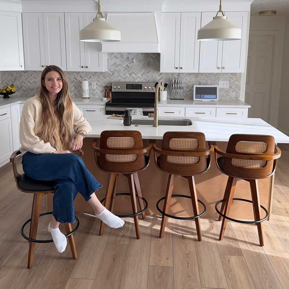 WUPOTO Mid Century Modern Bar Stools with Rattan Back