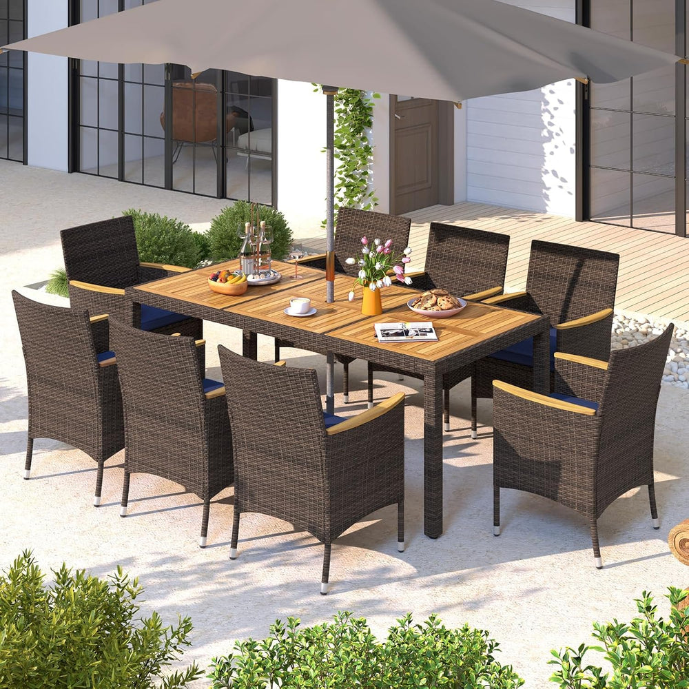 HAPPYGRILL 9 Pieces Acacia Wood Patio Dining Set for 8 People, Outdoor Rattan...