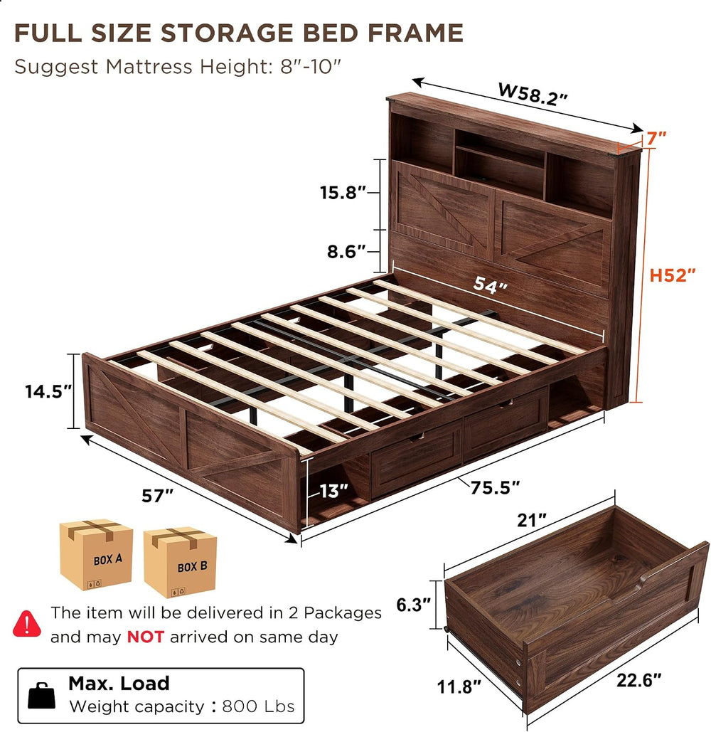 ACCOHOHO Full Bed Frame with 52" Tall Headboard and 4 Drawers,LED Light,...