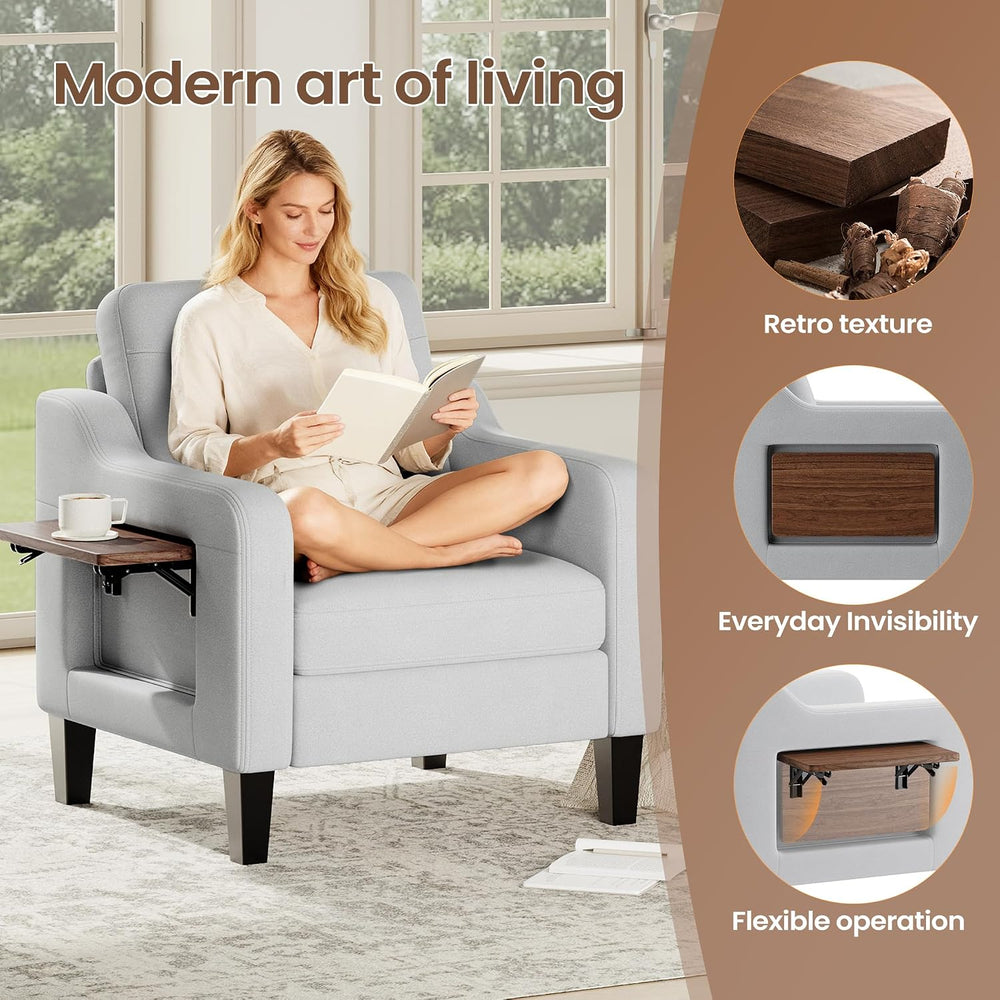 Upholstered Accent Chair with Foldable Side Table for Living Room