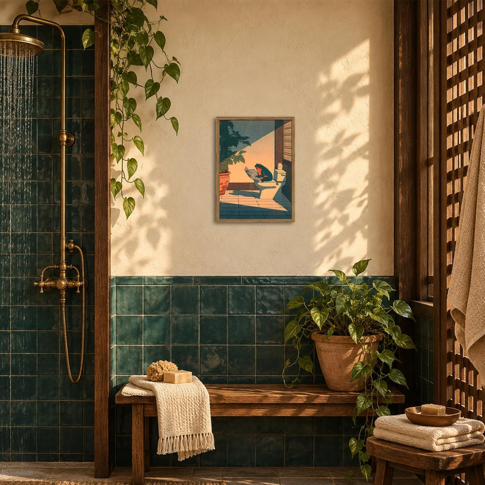 Funny Frog Bathroom Wall Art, Cute Japanese Frog in Toilet Wall Decor, Whimsi...