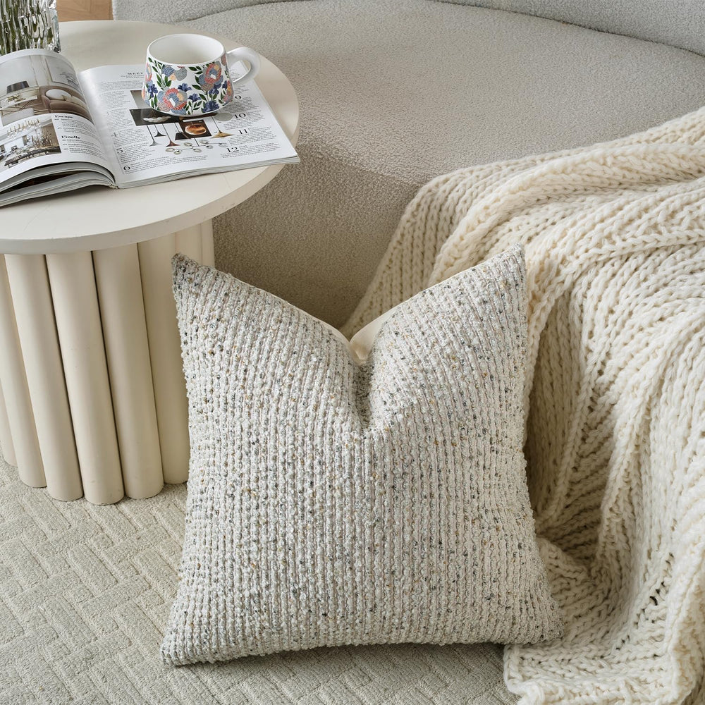 DEZENE Striped Throw Pillow Covers 18x18 Set of 2 Cream Grey Textured Boucle ...