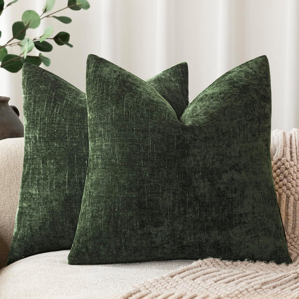Foindtower Solid Textured Chenille Throw Pillow Covers 26x26,Dark Green
