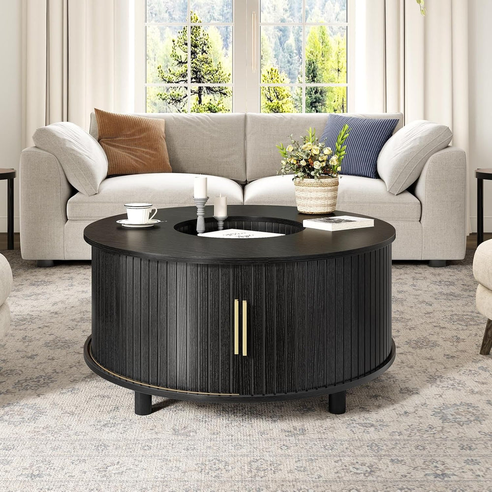 LVB Black Coffee Table Round, Wood Living Room Table with Storage for Home