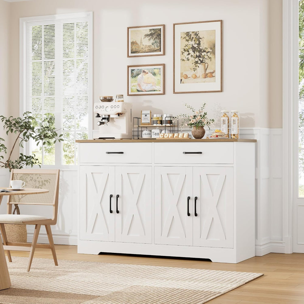 HOSTACK 47" W Kitchen Sideboard Buffet Cabinet with Storage Drawers, White