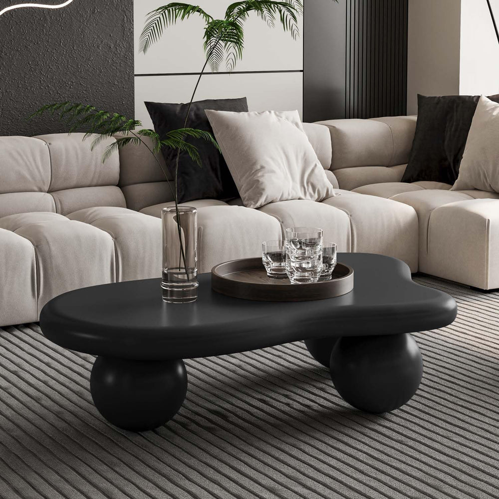 40" Black Modern Coffee Table Cloud Shape Low Center Table with 3 Ball Legs