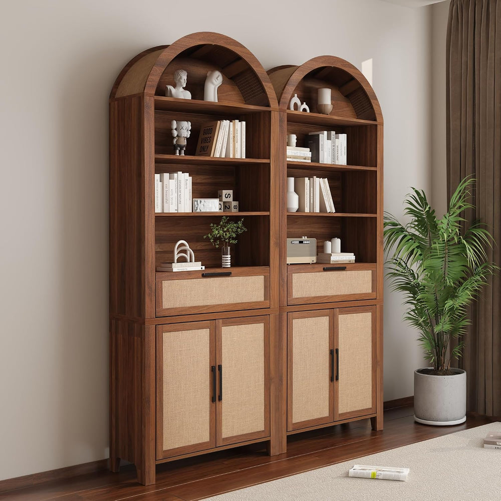 Janmer Home 79" Tall Arched Bookcase Cabinet with Doors, Walnut,Rattan