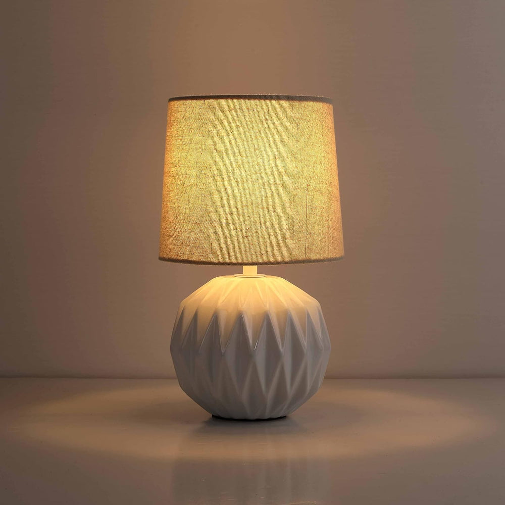 White Ceramic Table Lamp, Geometric Textured Small Bedside Lamp with Linen Sh...