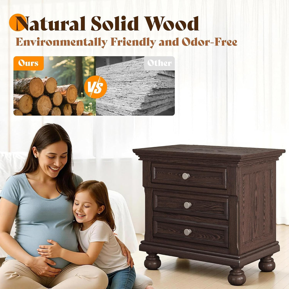 AMERLIFE Solid Wood 3-Piece Set, Queen Bed & 2 Nightstands, Dark Brown