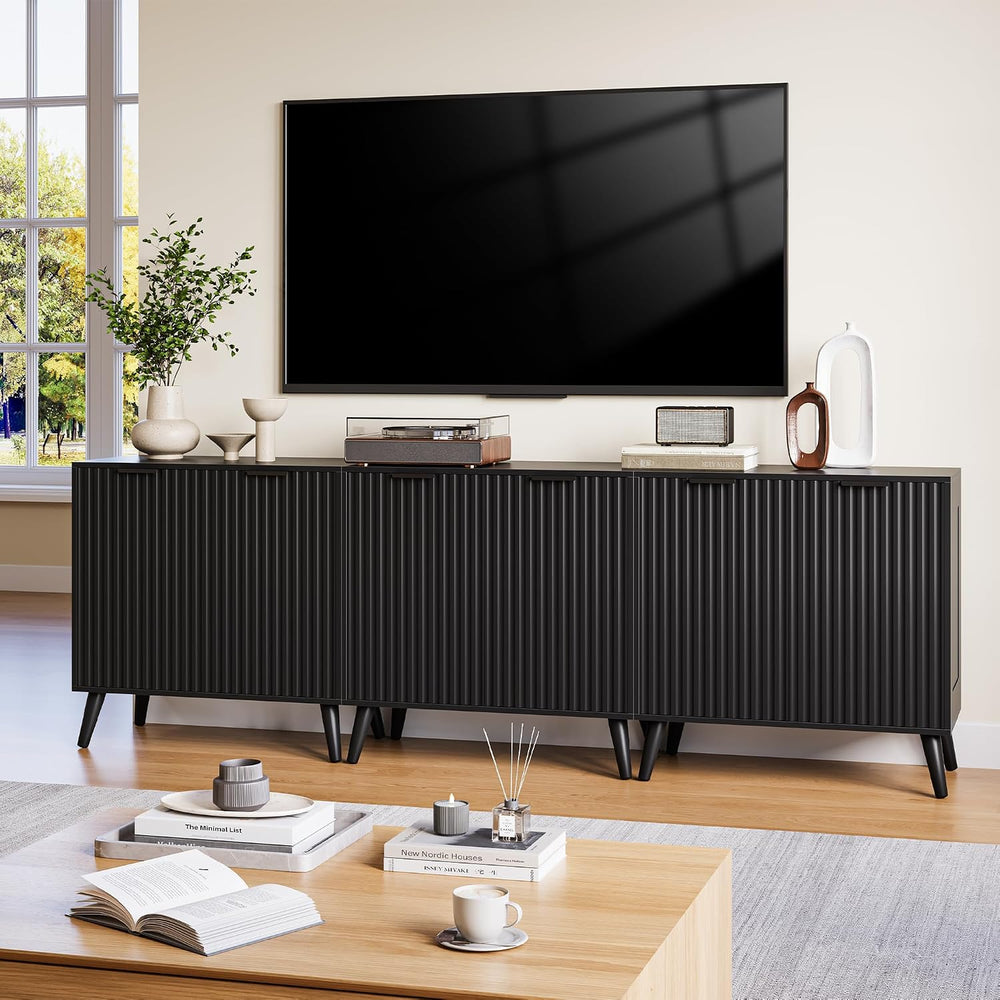 Black Sideboard Buffet Cabinet with Storage, 2 Doors Modern Fluted Buffet Cab...