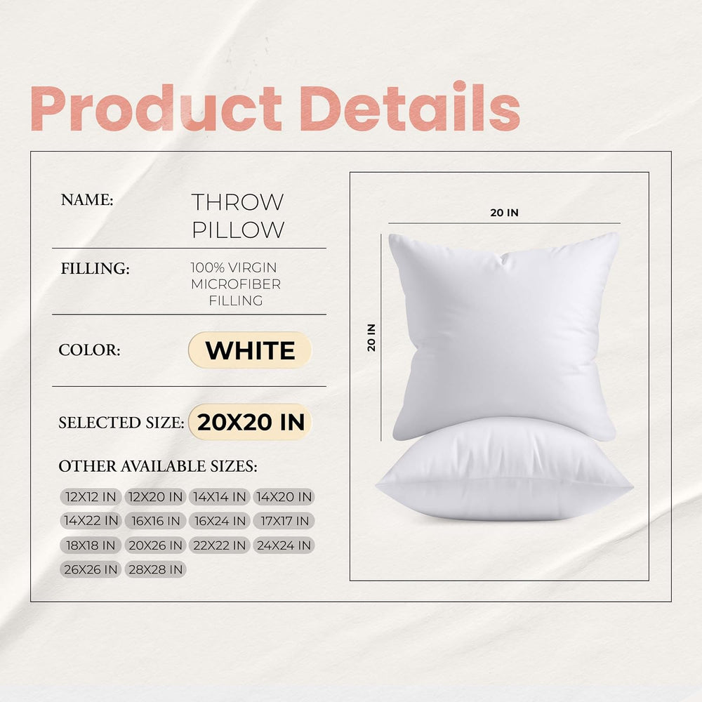 Utopia Bedding 20x20 Pillow Inserts, White Throw Pillows for Couch, 2 Pack