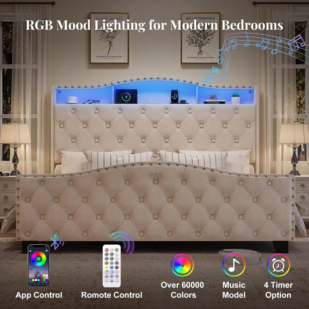 Belffin Platform Bed Frame with 50.9" LED Headboard, Queen Beige