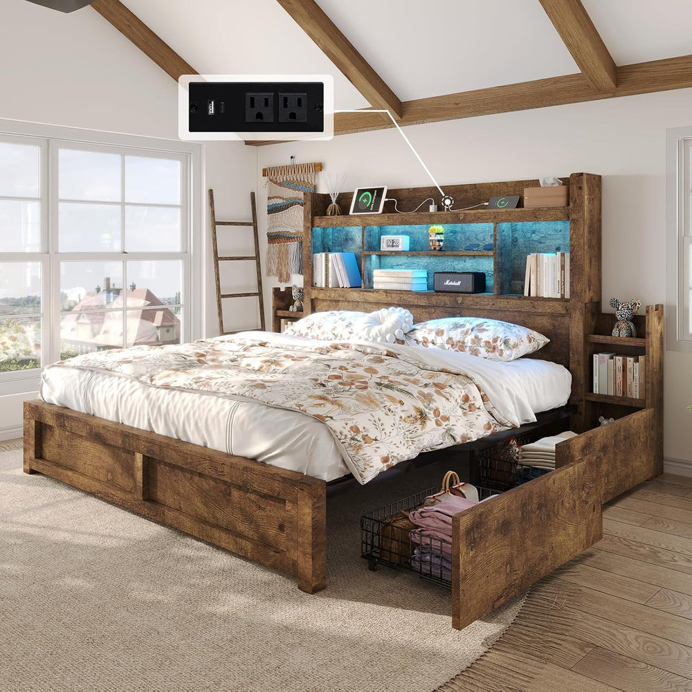 LUXOAK King Size Bed Frame with Bookcase Headboard & Storage, Rustic Brown