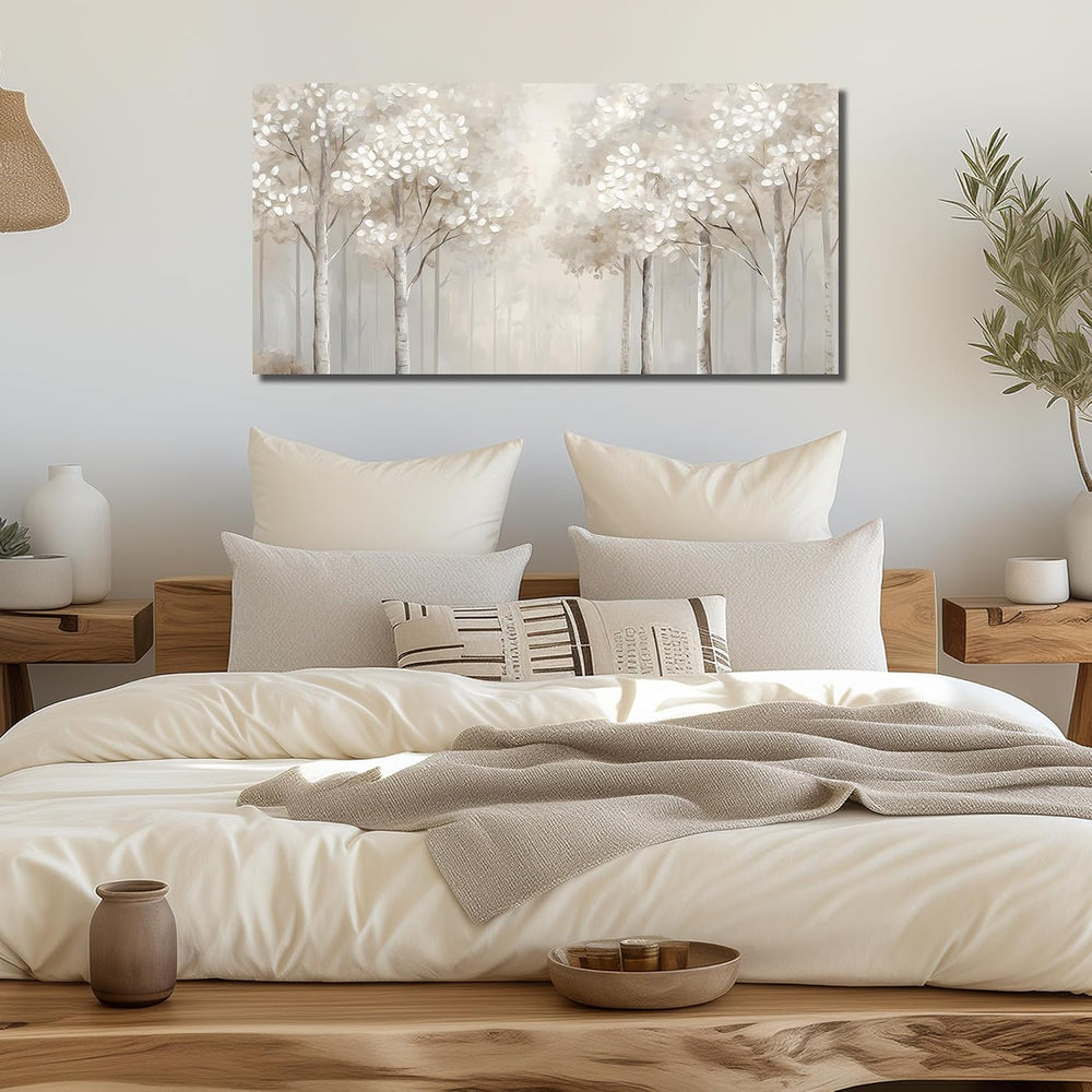 ANCXWOTER Large Forest Wall Art for Living Room Light Grayish-White Misty Bir...