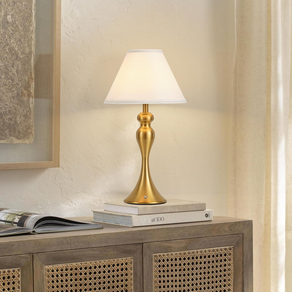 Cordless Table Lamp Rechargeable, Battery Night Light Fabric Shade, Brass