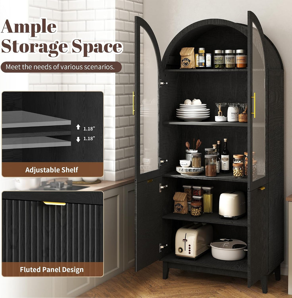 Pamapic 71" Tall Arched Cabinet with Glass Doors, Fluted Kitchen Pantry ...