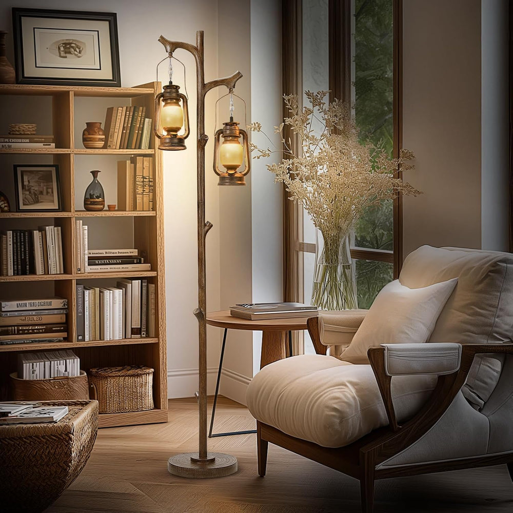 Scenekoy 68" Rustic Tree Trunk Floor Lamp with Lantern, Stepless Dimmable