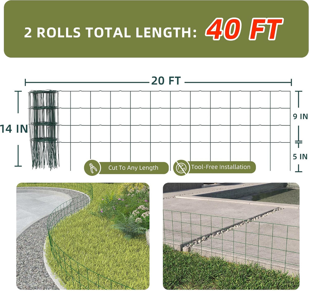 PROWORX Green Small Garden Fence Border Flat Wire Fencing 14”x40’(2 Rolls)