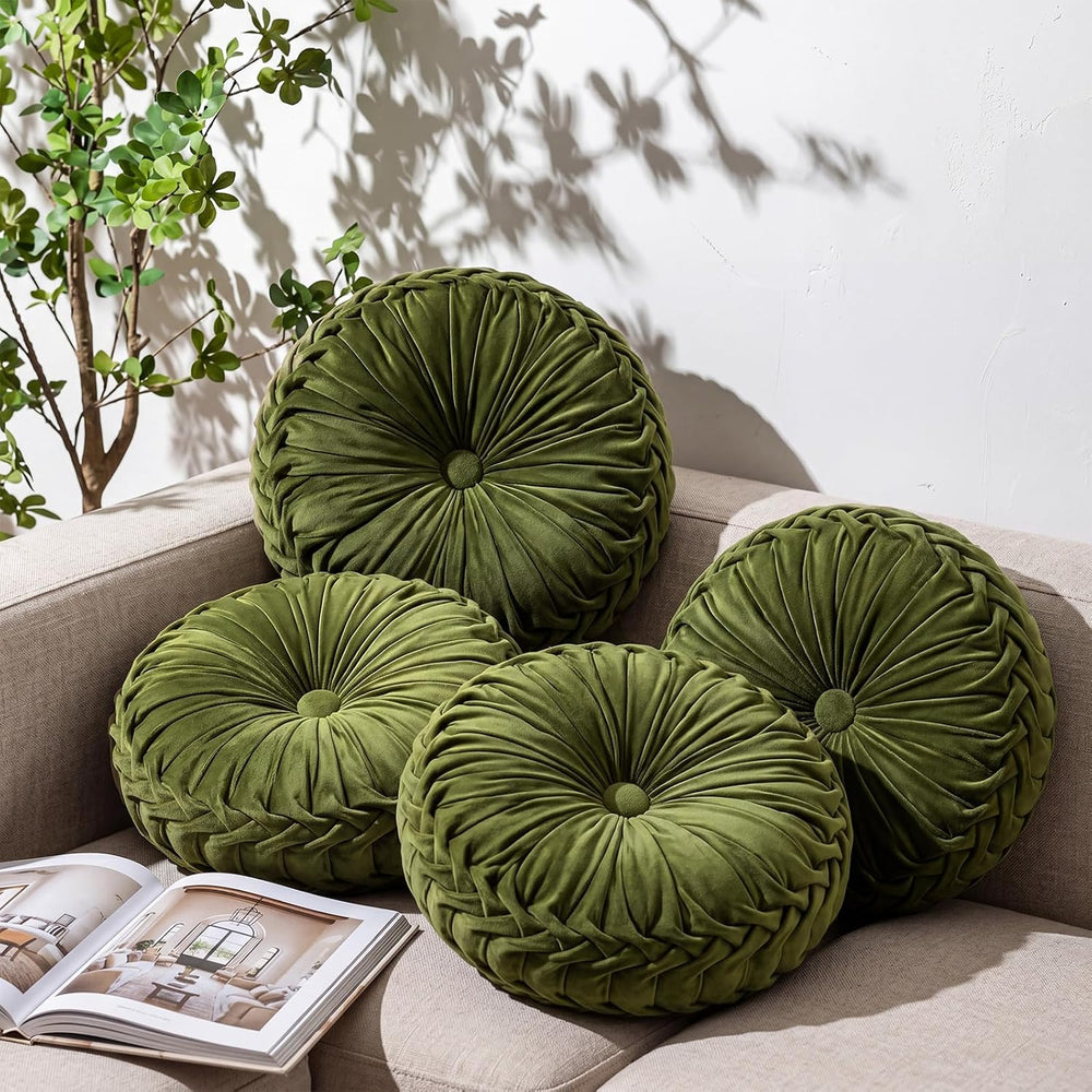 Kathfly 4 Pcs Round Throw Pillows Velvet Pleated Pillows, Olive Green