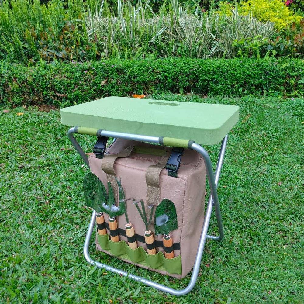 Gardening Tool Set with Folding Stool and Storage Tote Bag