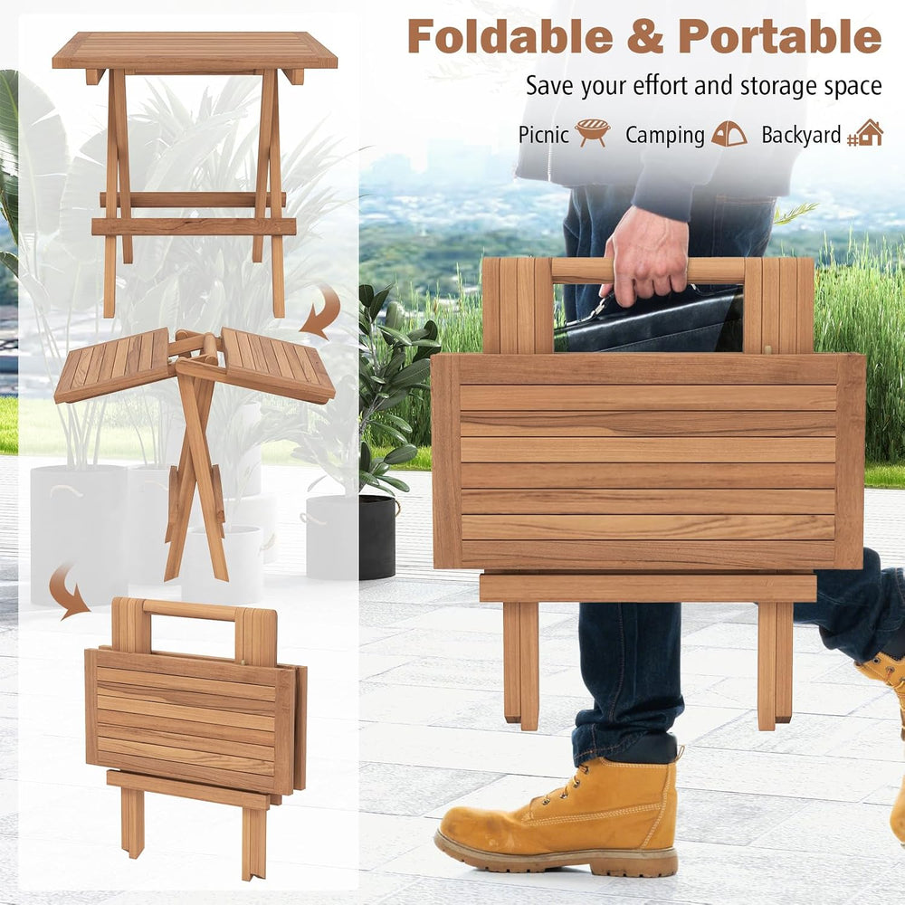 Tangkula Patio Folding Side Table, Teak Wood Square End Table with Slatted Ta...