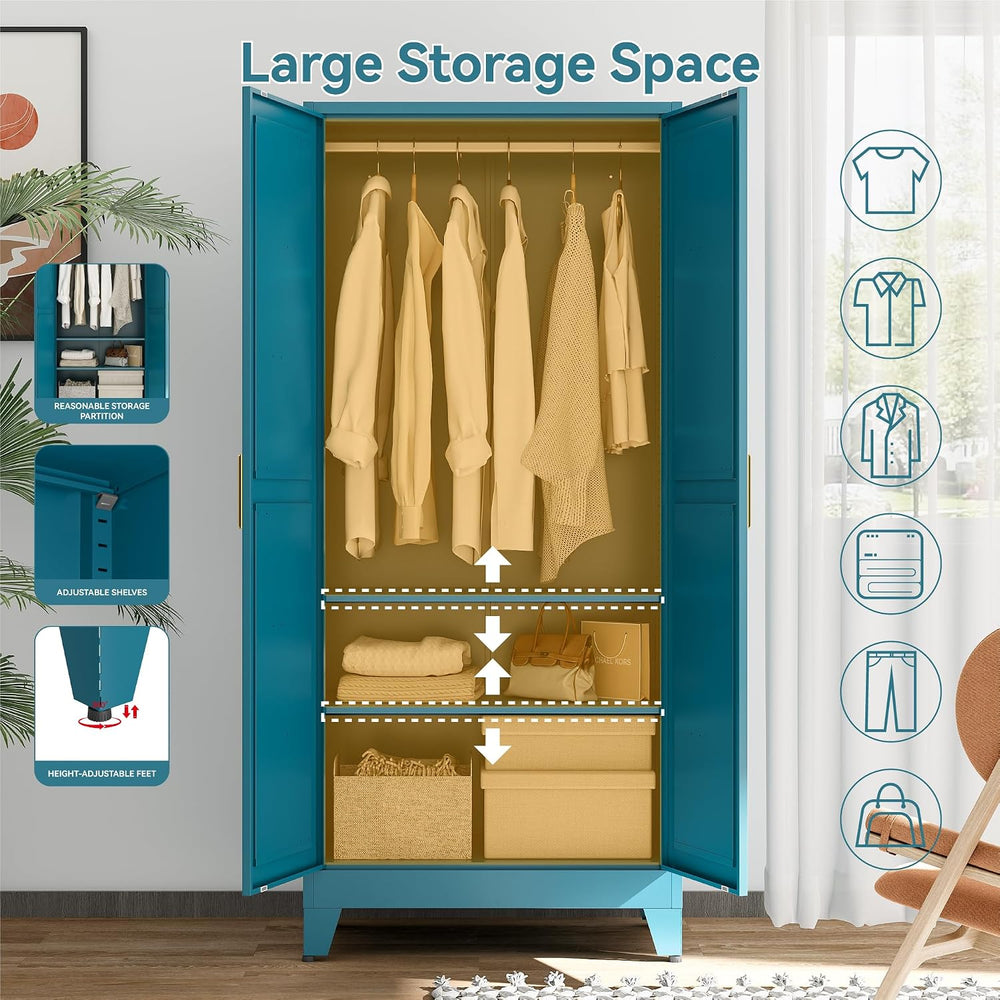 Metal Wardrobe Closet with Doors and Shelves, 71" Farmhouse Bedroom Armo...
