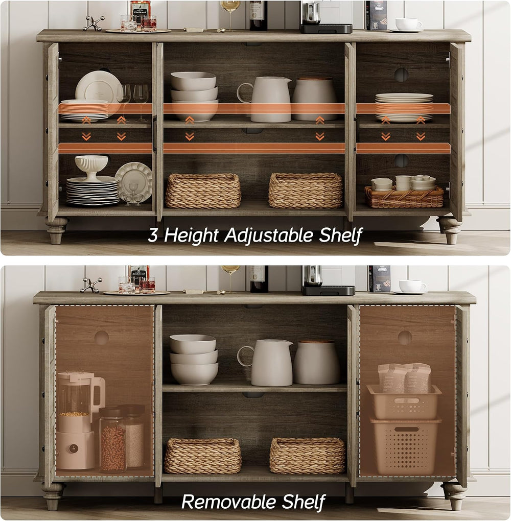 WAMPAT Farmhouse Sideboard Buffet Cabinet with Glass Door & Adjustable Sh...