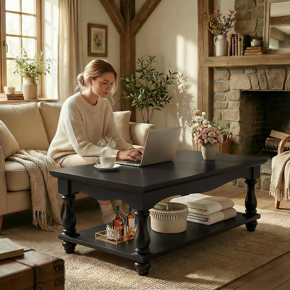 Besiost 47" Farmhouse Coffee Table with 2-Tier Storage, Black