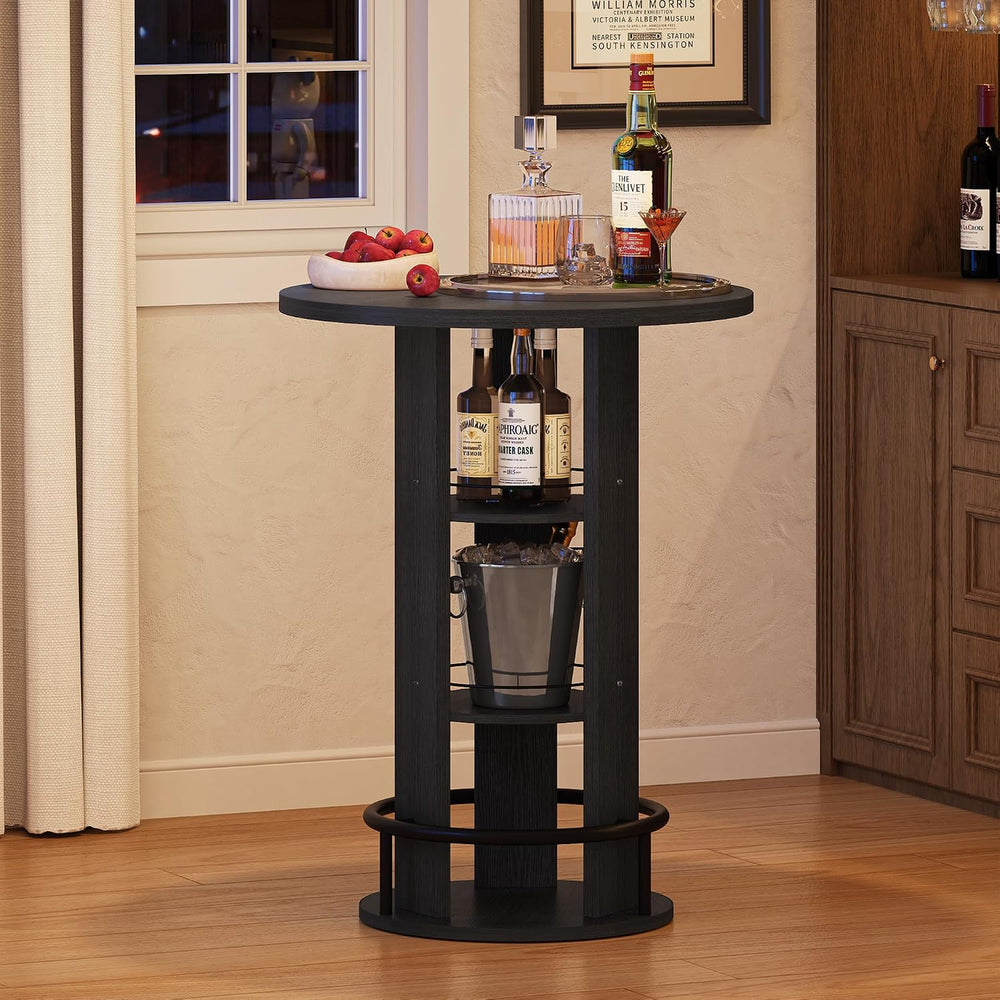 Bar Table with Storage and Footrest, Round 39" H Pub Table, Black