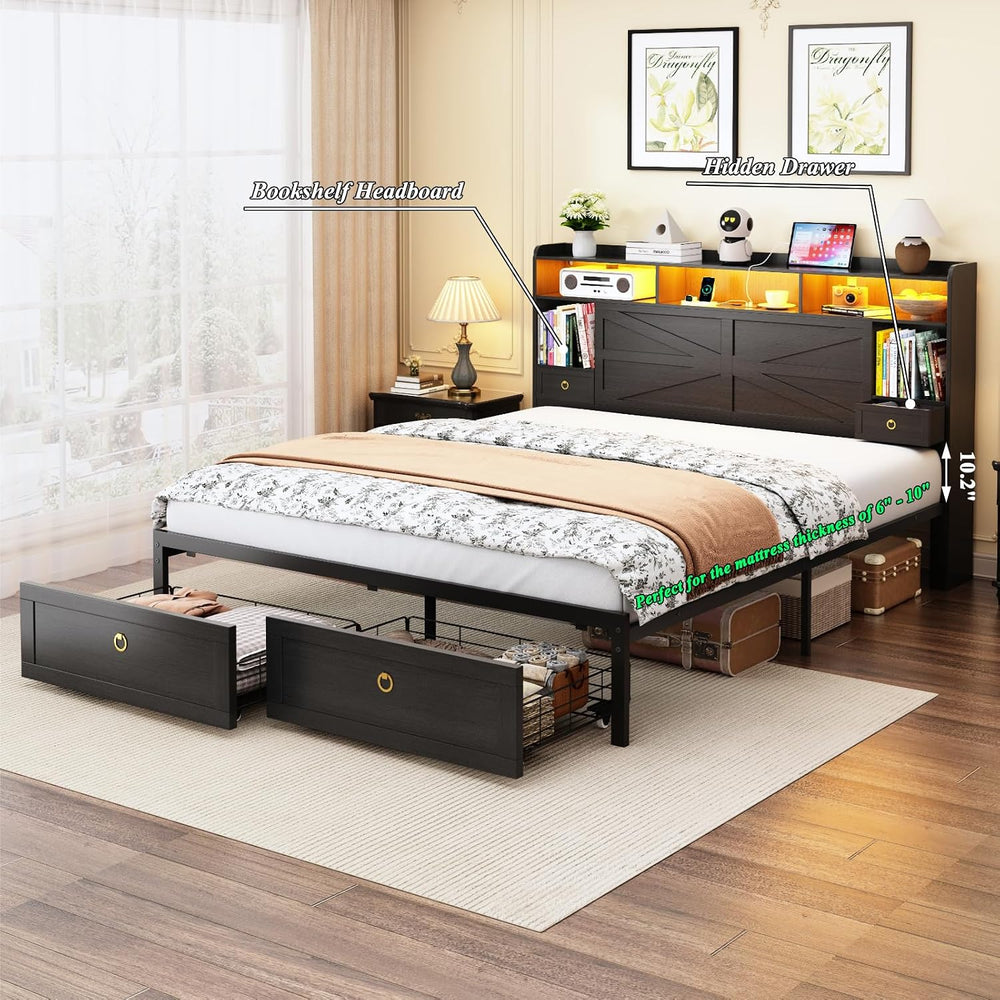Full Bed Frame with Storage Headboard, Farmhouse Platform Bed Frame with Book...