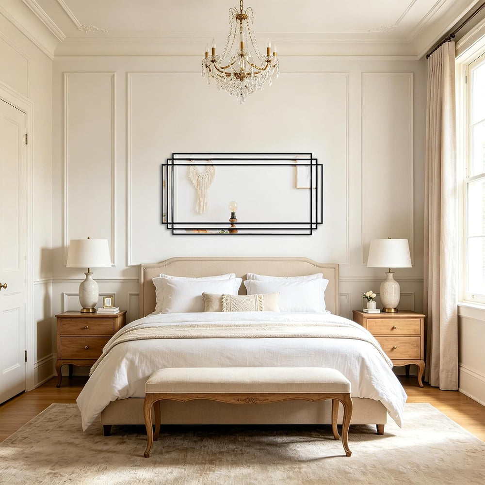 47"x24" Large Rectangle Beveled Mirror with Black Geometric Frame
