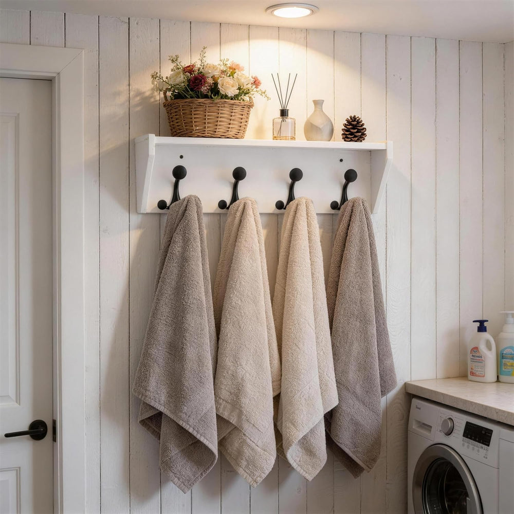 SKOLOO Wall Shelf with Hooks, 24-Inch White Coat Rack Wall Mount with Shelf O...